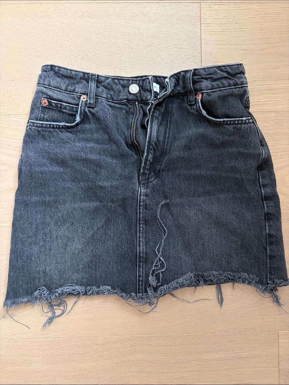 Topshop Black Washed Denim Mini Skirt with Frayed Hem